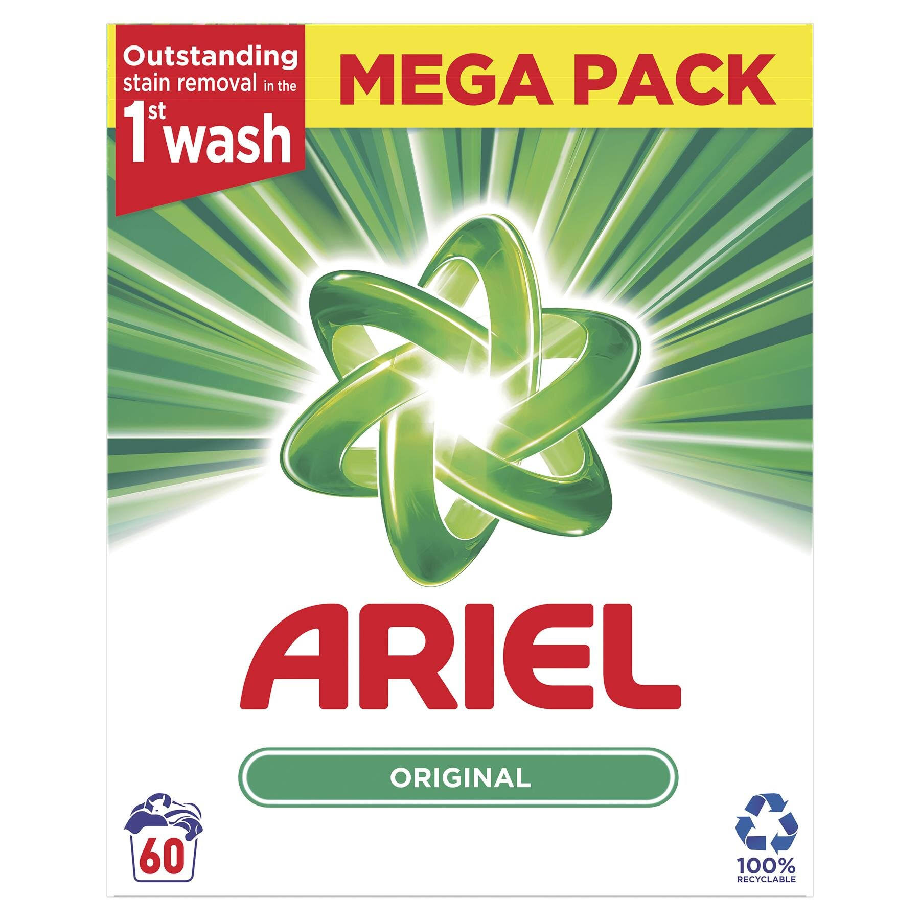 Ariel Original Washing Powder Stain Removal Laundry Detergent, Mega Pack 60 Wash