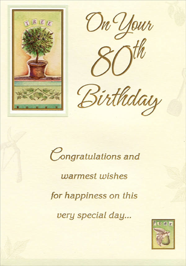 Designer Greetings Tree and Pear in Gold Foil Frames Age 80 / 80th Birthday Card
