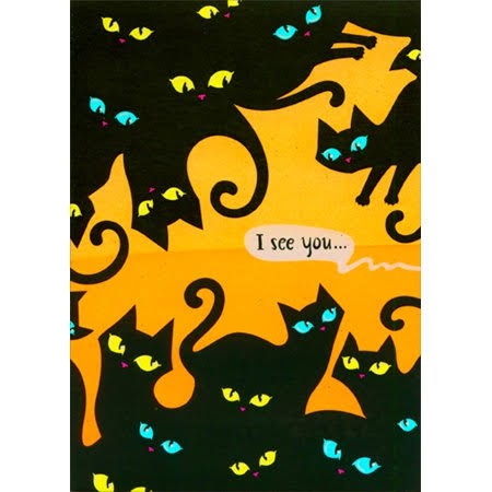 Black Cats with Neon Blue and Green Eyes Halloween Card