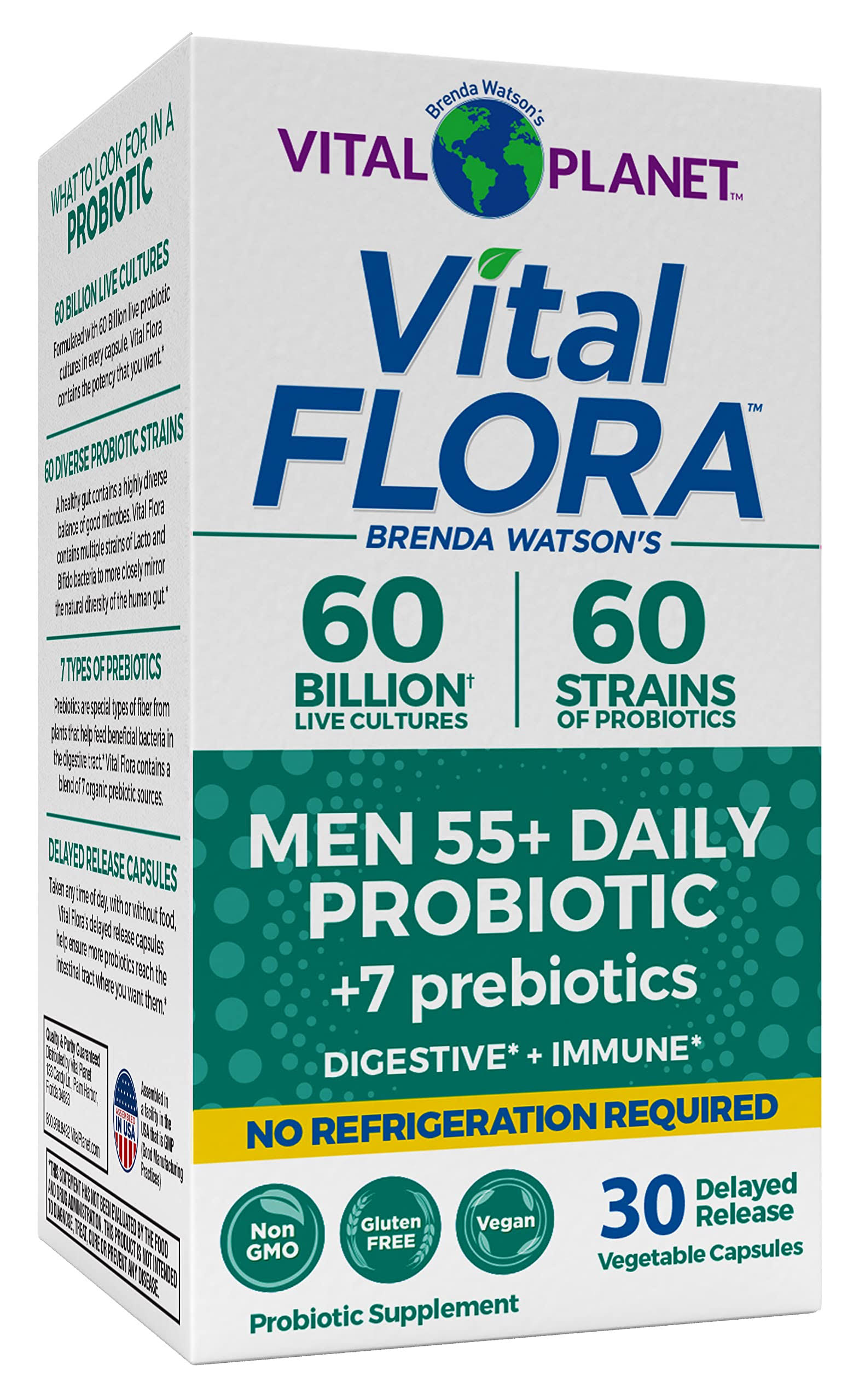 Vital Flora Men's 55+ Daily Probiotics - 60 Billion Live Cultures & 60 Strains 30 Delayed Release Capsules Shelf Stable - Vital Planet