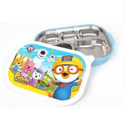 Pororo Portable Stainless Steel Divided Food Tray, Platter with Lid in Blue, Made in Korea