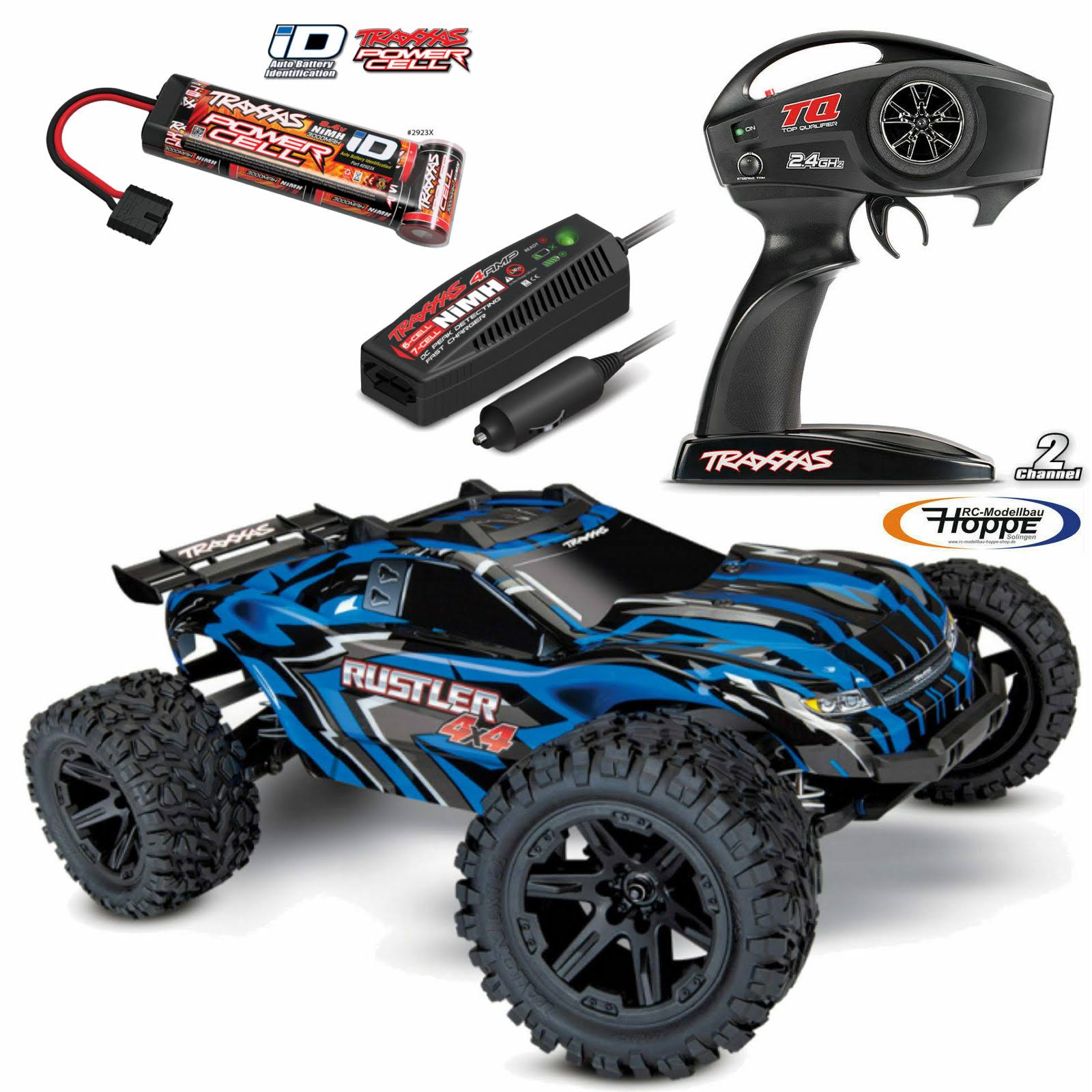 Traxxas Rustler 4x4 Blue Rtr 4WD Brushed+1x 2S 5000 MAH Battery +4A Charger