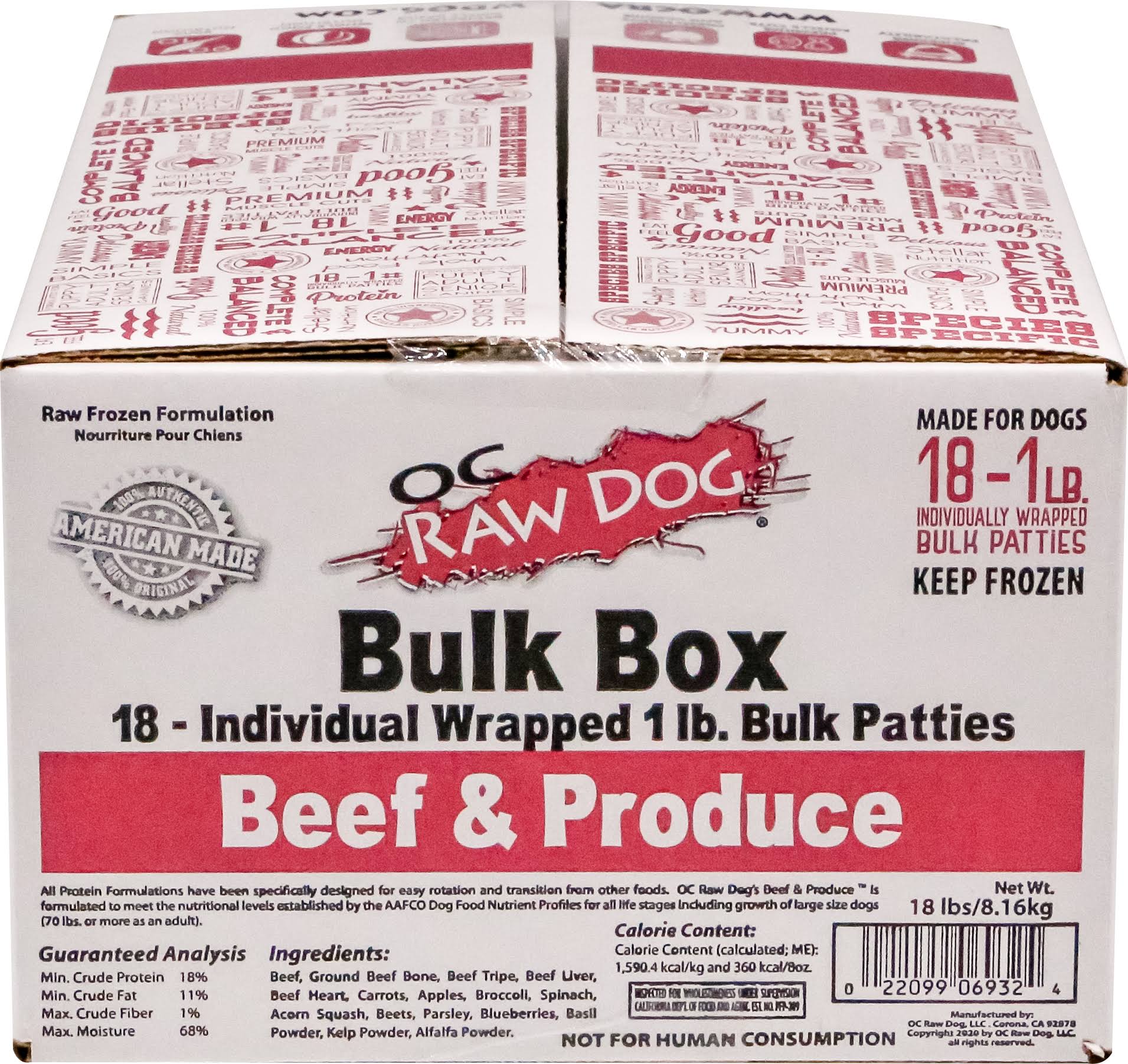 OC Raw Dog Frozen Beef & Produce Patties 18lb