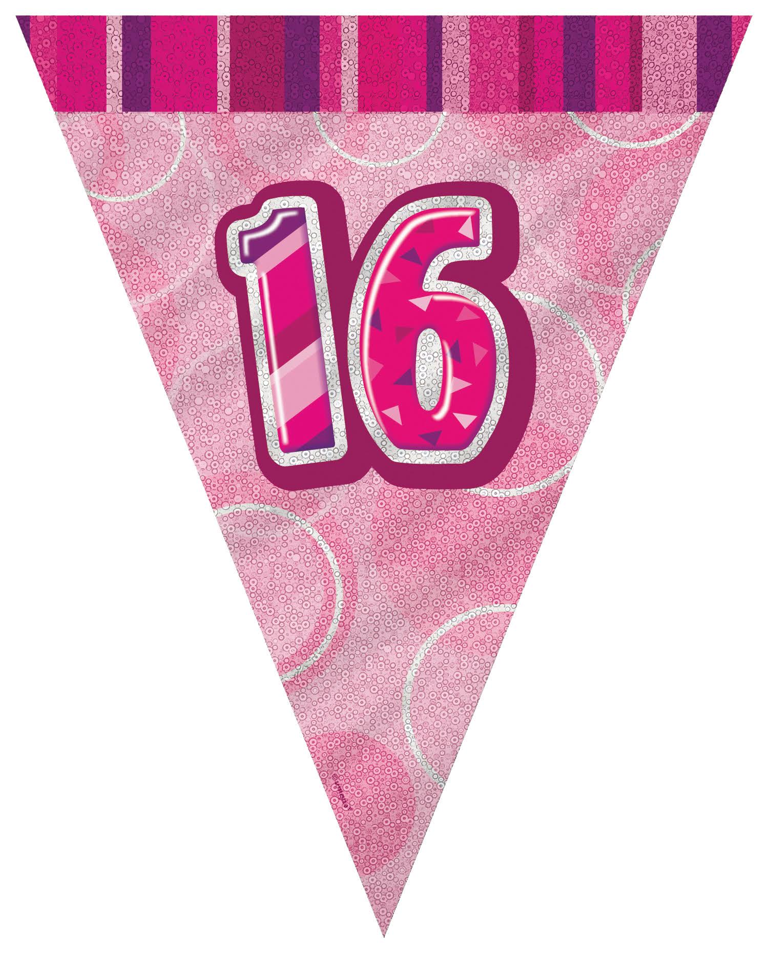 Unique Age 16 Birthday Flag Bunting Pink Glitz