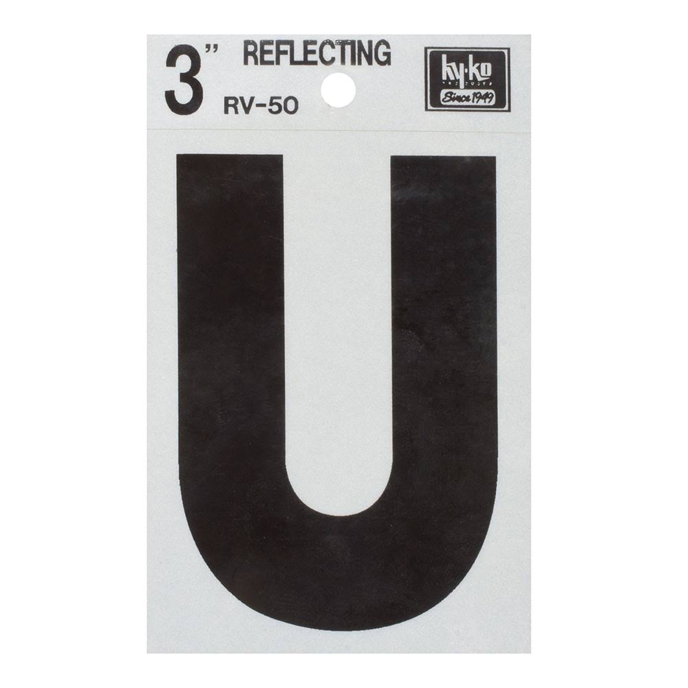3" Black Reflective Vinyl Adhesive Letter U, 10 Pack, Hy-Ko, RV-50/U