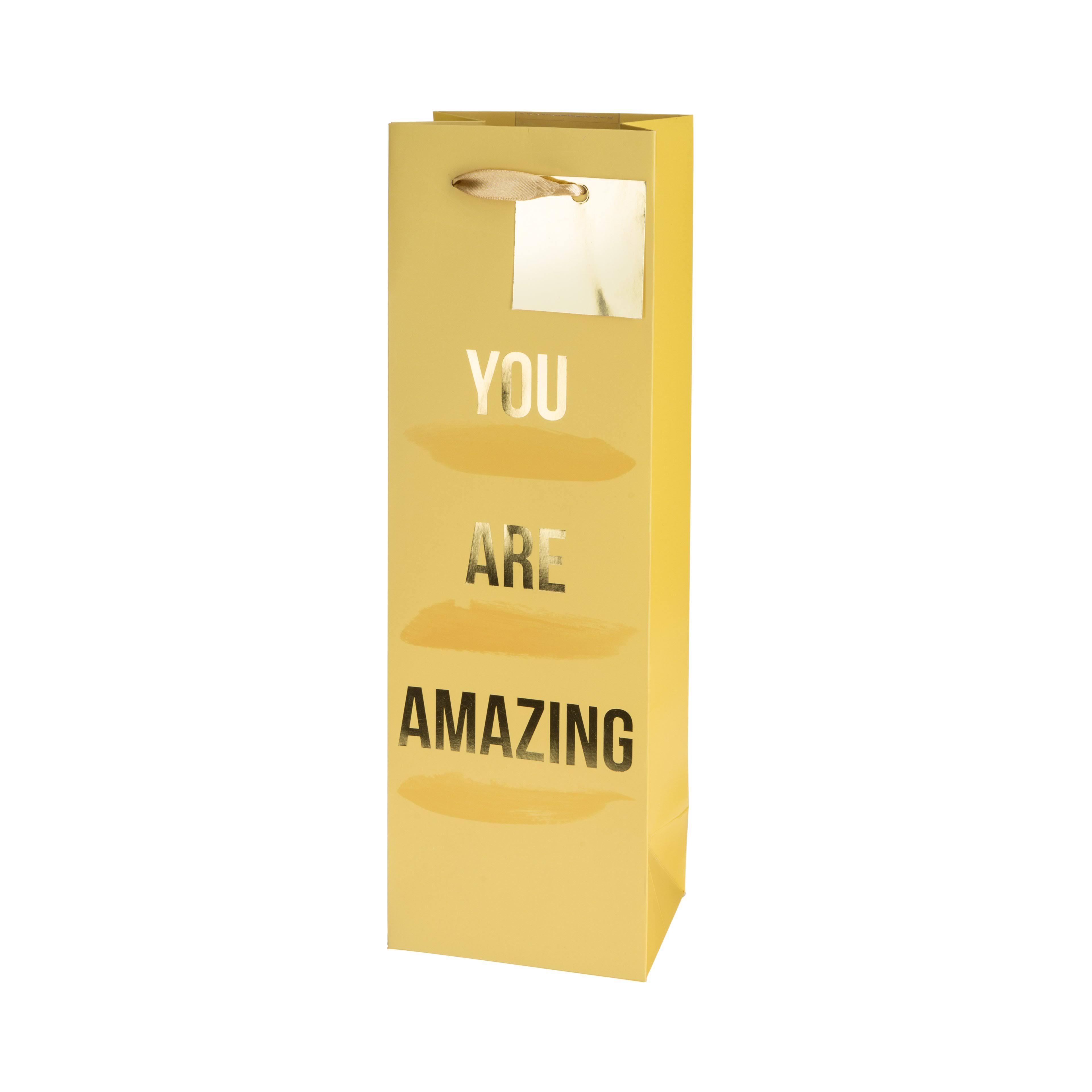You Are Amazing Single-Bottle Wine Bag by Cakewalk Yellow Paper Gift Bags