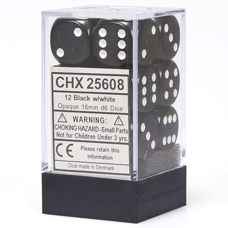 Chessex D6 Dice Opaque 16mm (12 Dice) Black/White