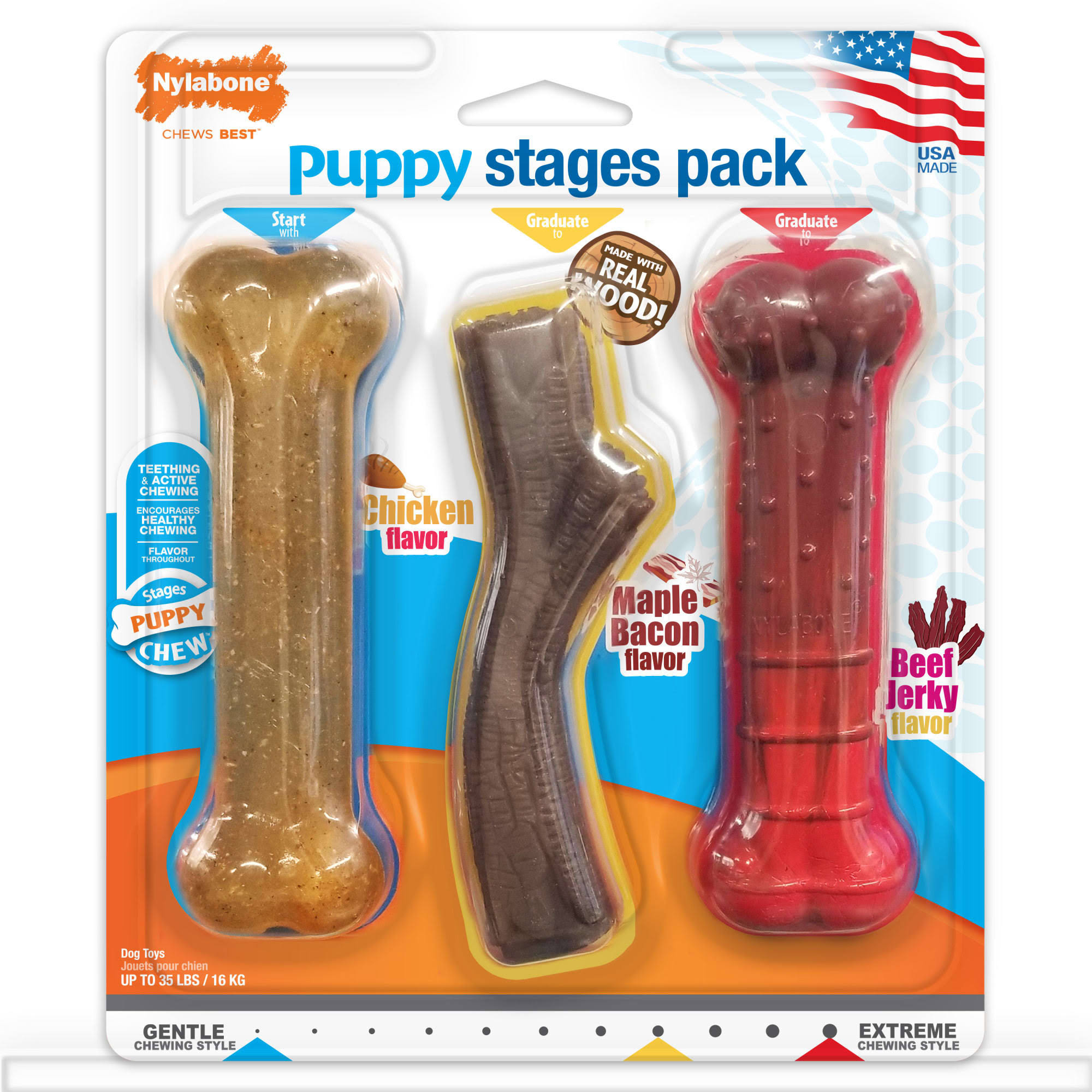 Nylabone Puppy Stages Dog Chew Toy Pack - Puppy Chew Toys For Teething And Chewing - Puppy Supplies - Chicken, Maple Bacon, And Beef Jerky Flavors,