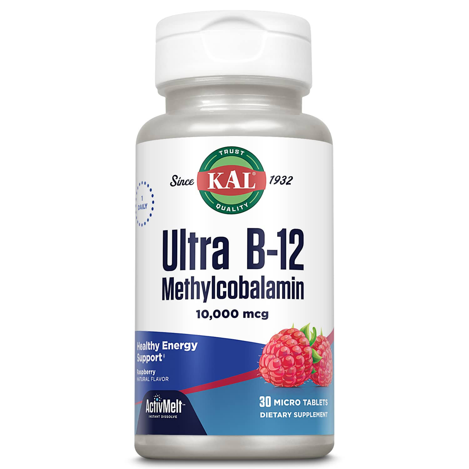 Kal 10000 mcg Ultra B-12 Methylcobalamin Tablets, Raspberry, 30 Count