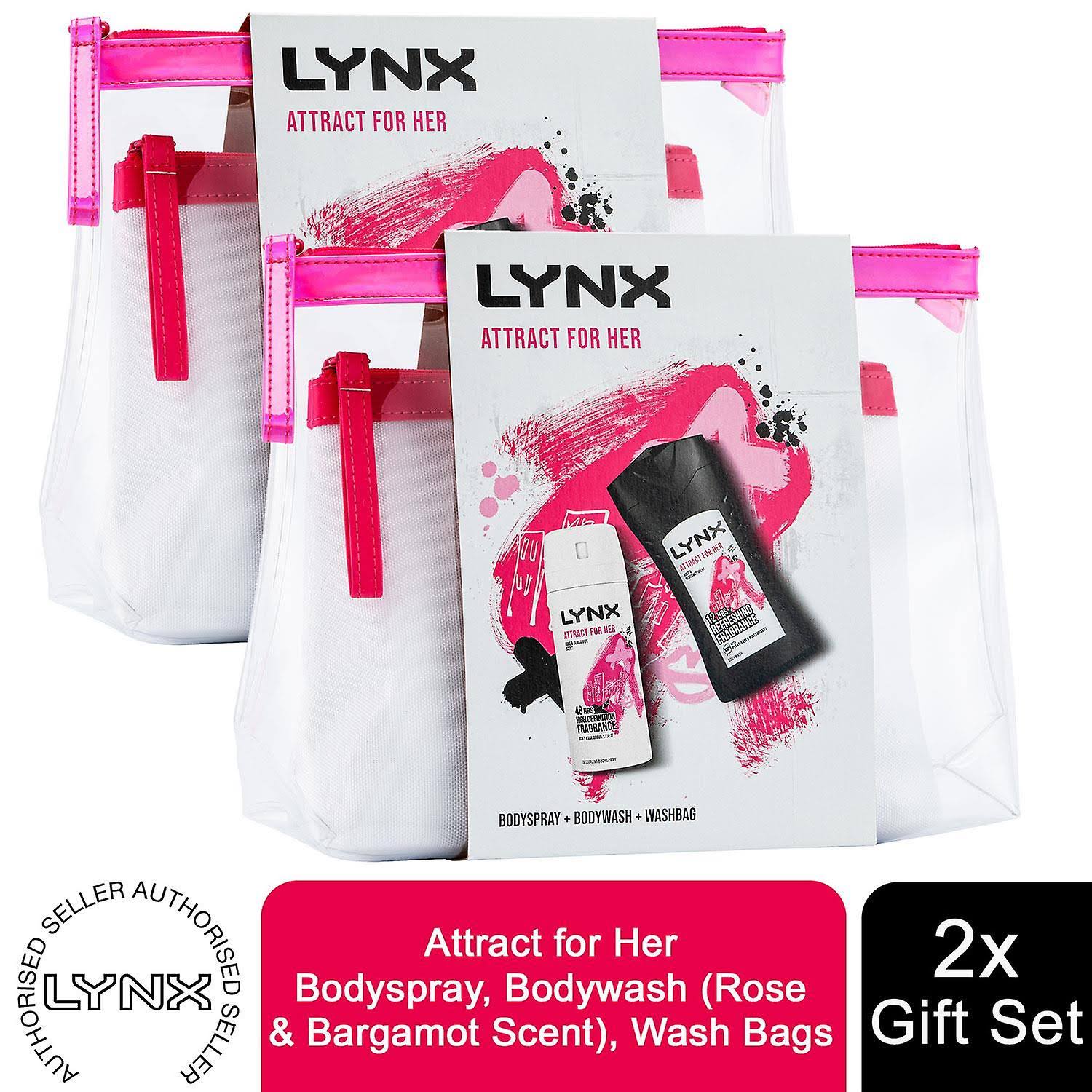 Lynx AfH 2x Lynx Attract for Her 2in1 Washbag 2pcs Gift Set with Clear & White Wash Bags Pink