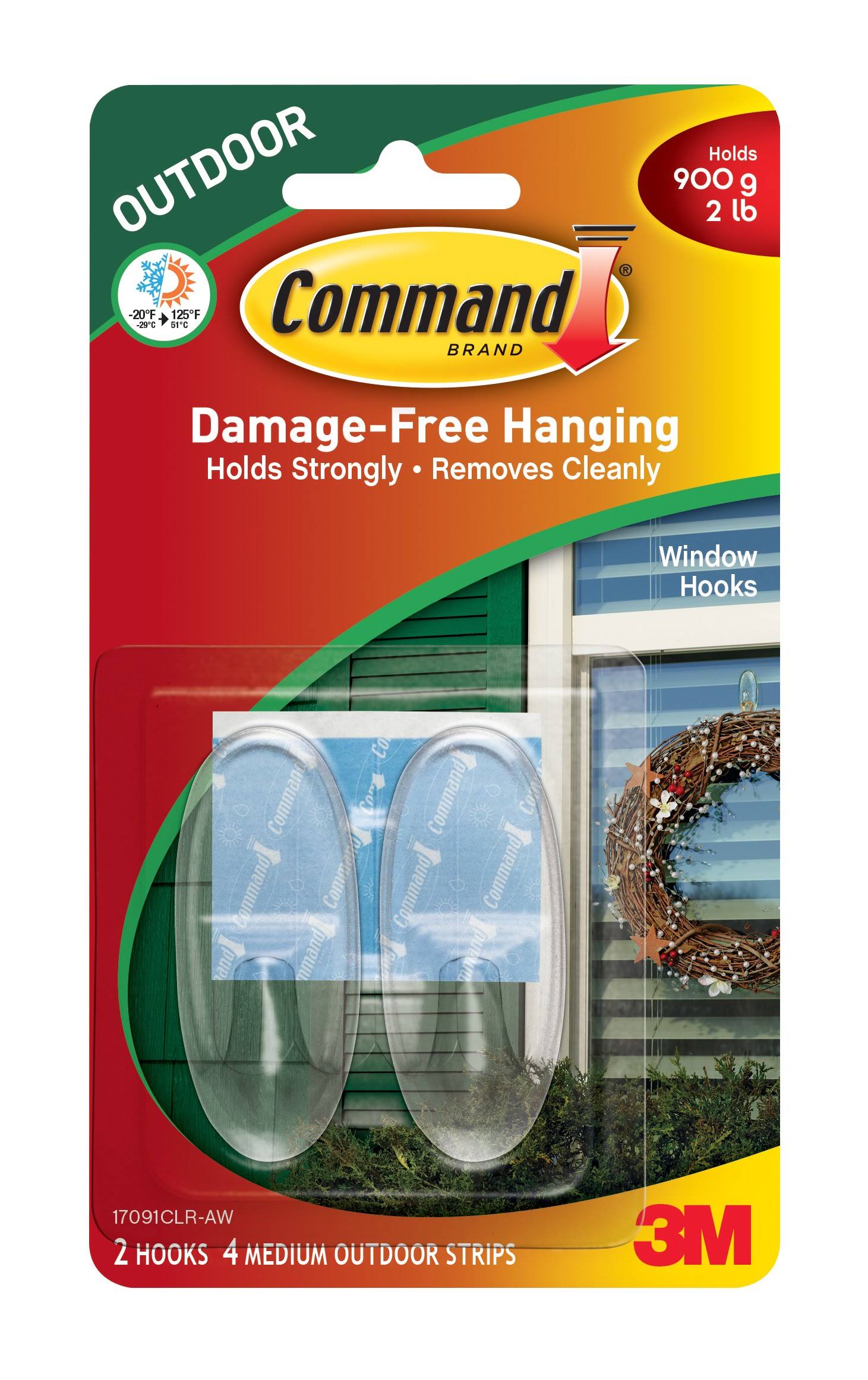 3M Command Brand Outdoor Medium Window Hooks - Clear, 2 Hooks & 4 Strips