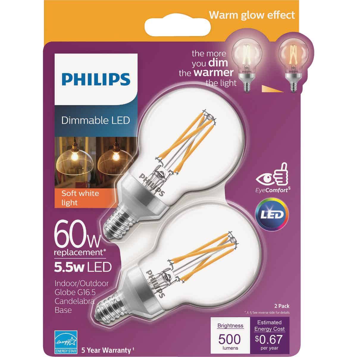 Philips 536755 Warm Glow G16.5 Candelabra Dimmable LED Decorative Light Bulb