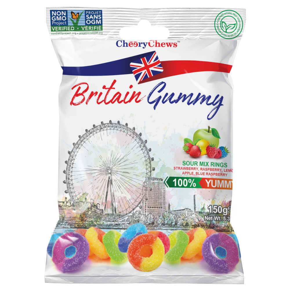 Cheery Chews British Gummy Sour Mix Rings Candy 150g