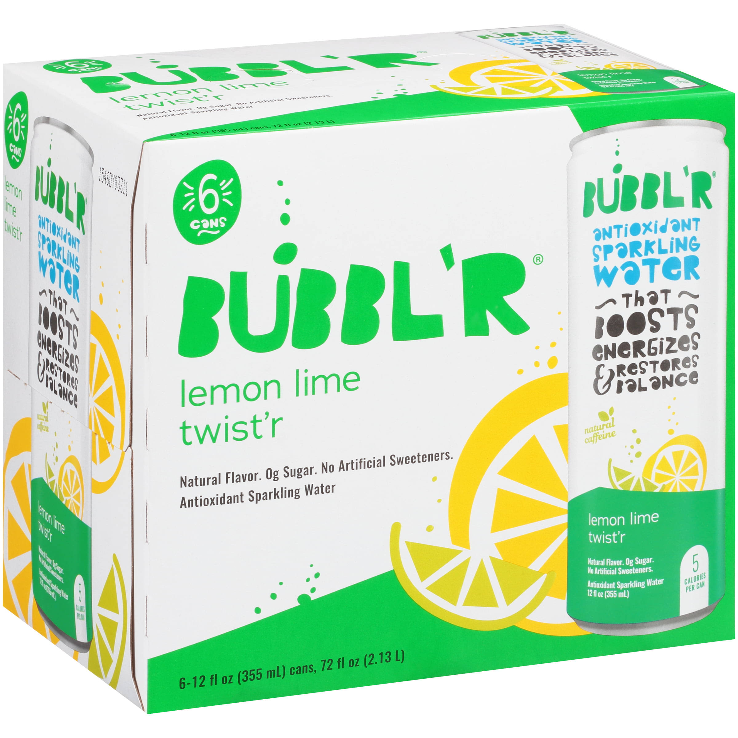 BUBBL'R Antioxidant Sparkling Water with Natural Caffeine, Zero Sugar, Natural Flavor and No Artificial Sweeteners, lemon lime twist'r, 12 Fluid Ounce