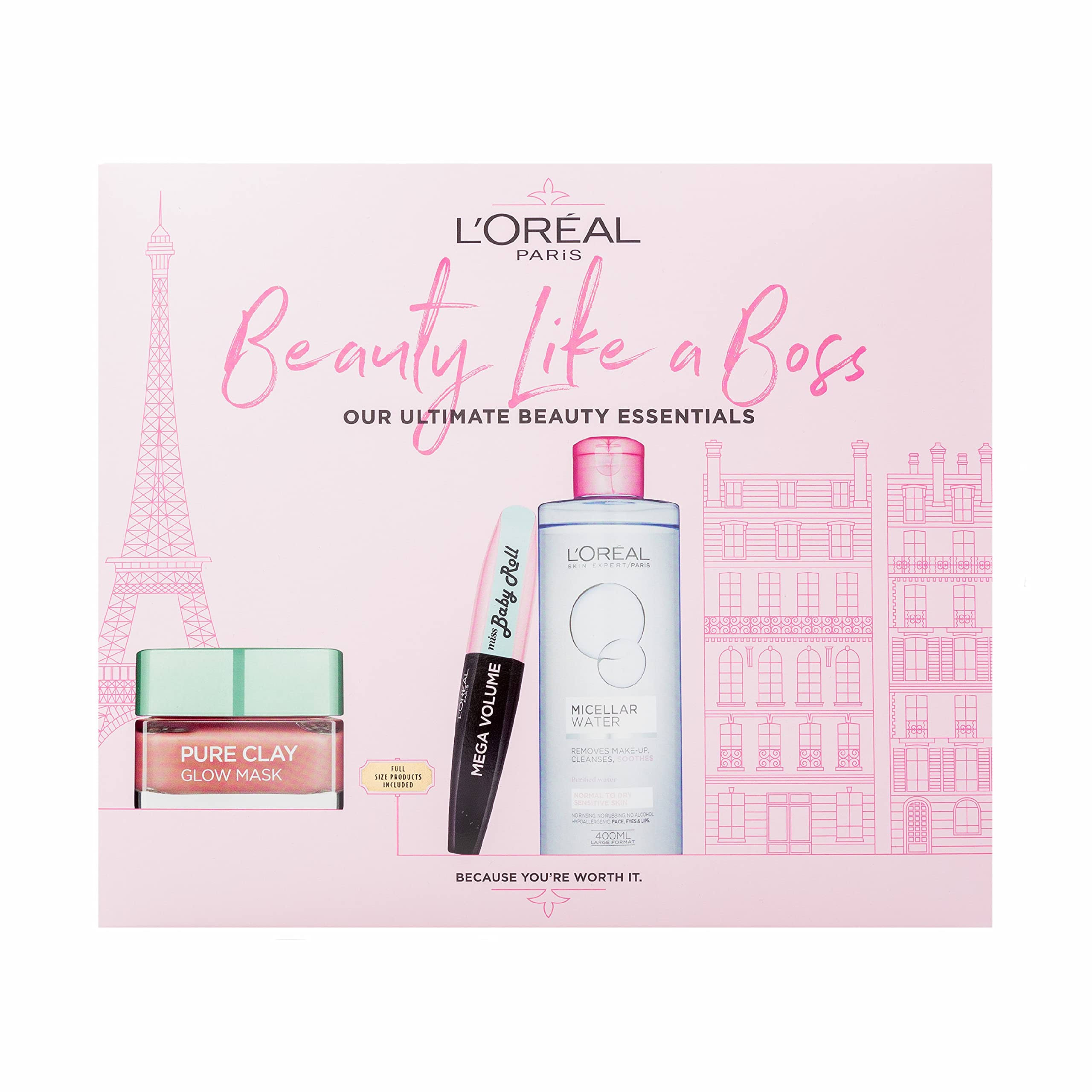 L'Oreal Paris Beauty Like A Boss Micellar, Face Mask & Mascara Gift Set for Her
