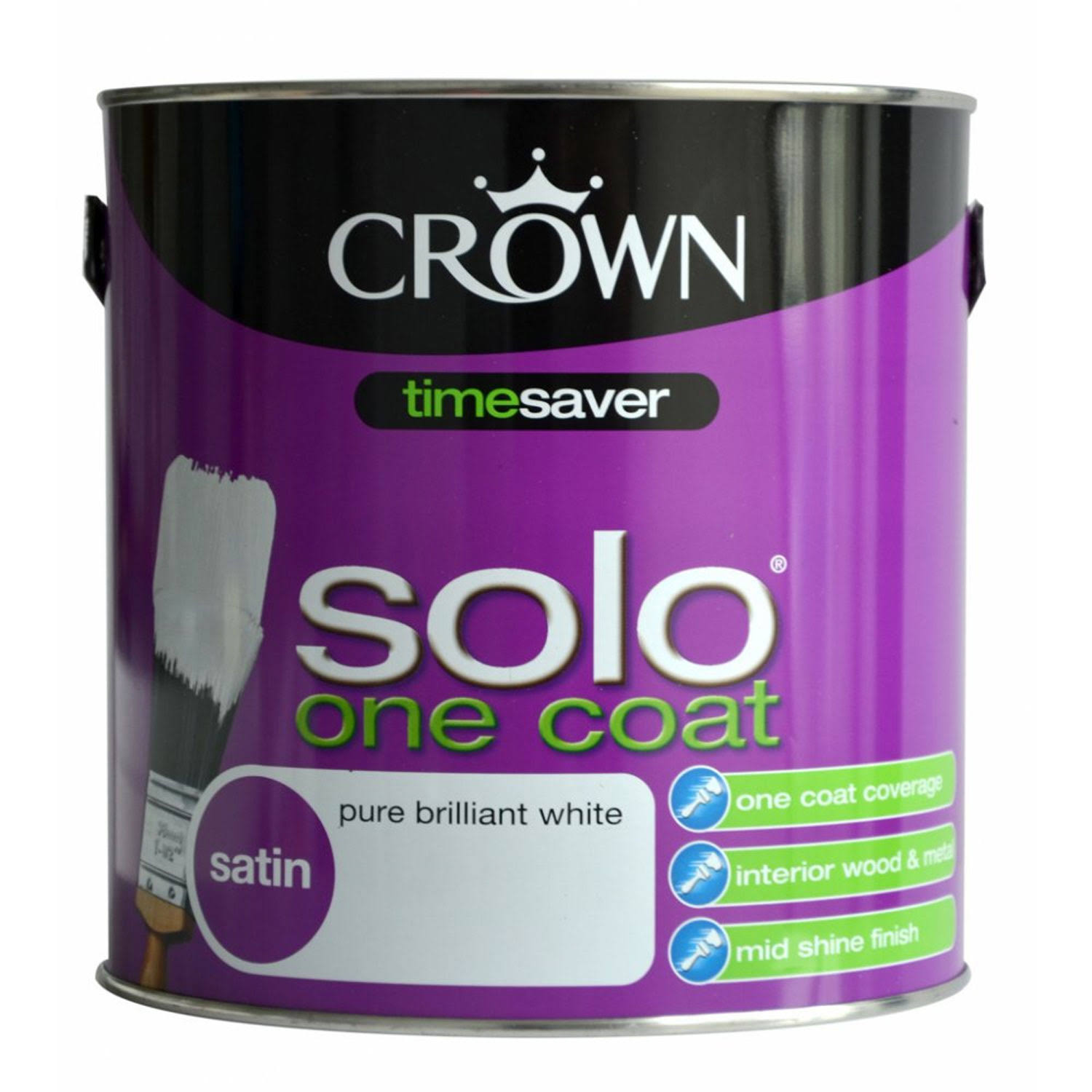 Crown Solo Emulsion Paint - Satin Pure Brilliant White, 2.5L
