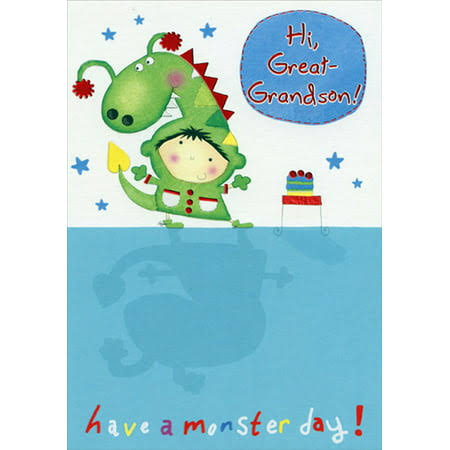 Designer Greetings Boy Dressed As Green Dragon Juvenile Birthday Card for Young Great-Grandson, Size: 5.25 x 7.5