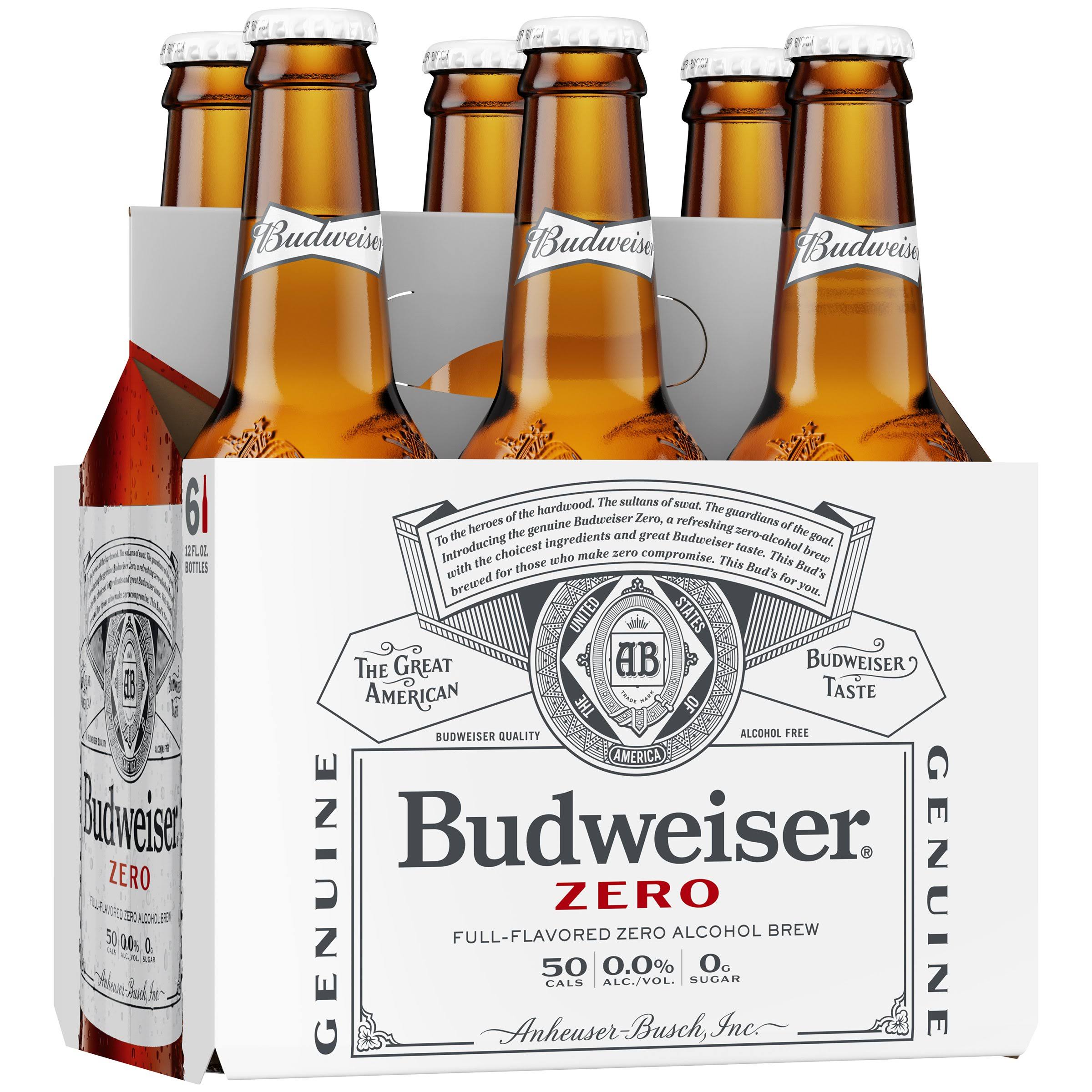 Budweiser Beer, Zero - 6 pack, 12 fl oz bottles