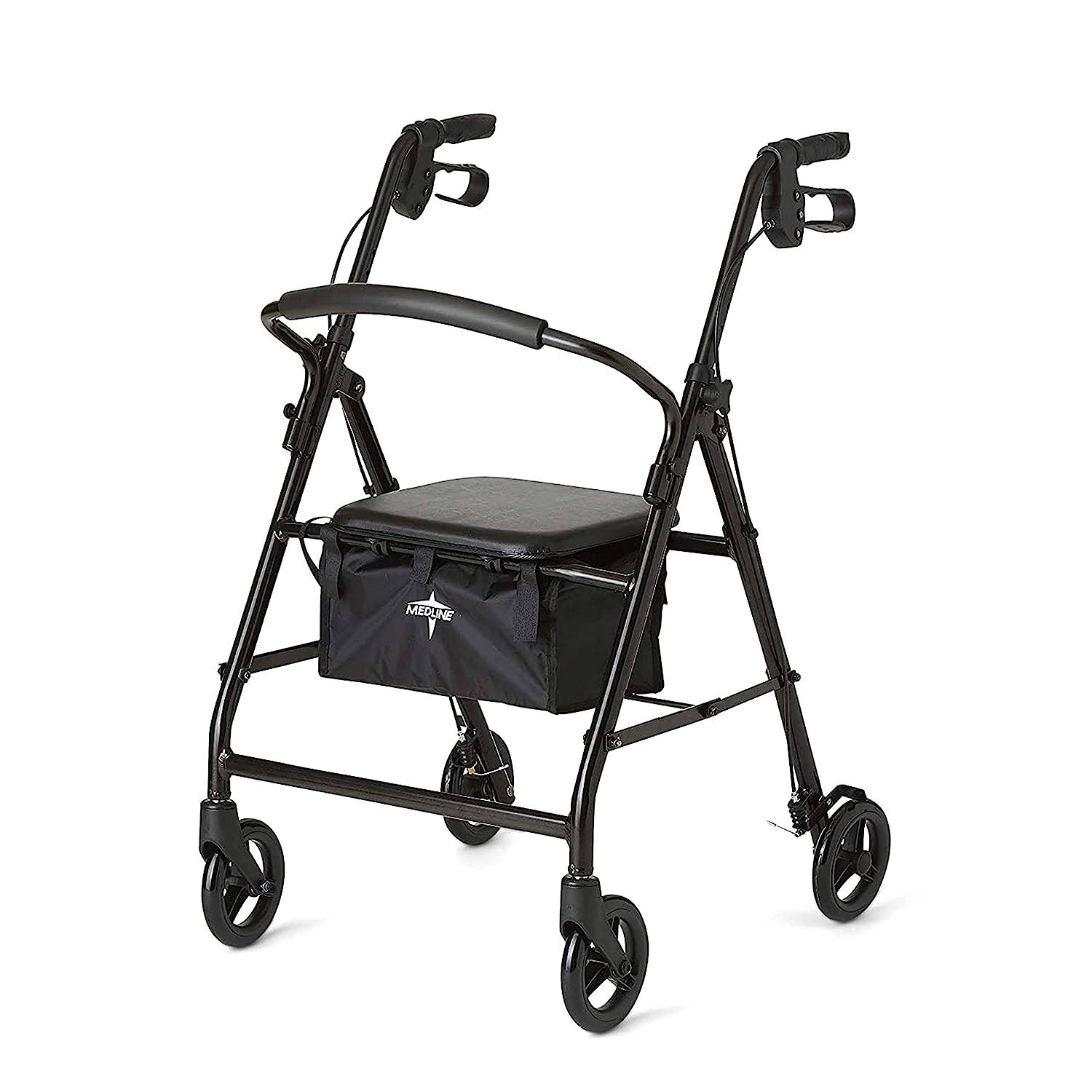 Medline Foldable Steel Rollator Walker with Seat & 6” Wheels – Stand Up, Rolling, For Injuries, Seniors, & Adults, Black
