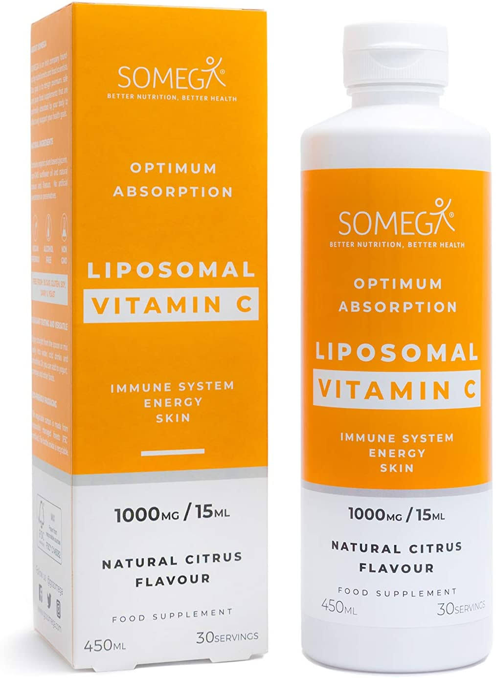 SOMEGA Liposomal Vitamin C - Citrus Flavour Liquid 1000mg/Serving - Vegan Friendly Natural Ingredients Alcohol-Free, Sugar-Free, No-GMO - Eco-Friendly