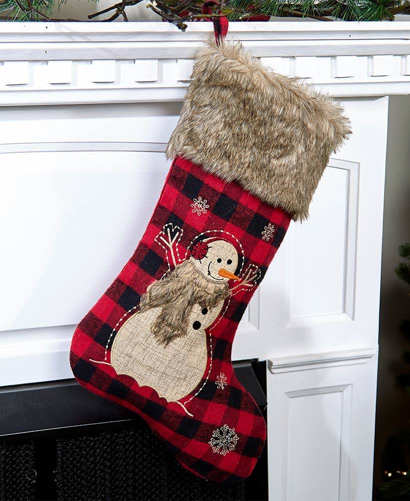 The Lakeside Collection Faux Fur Trimmed Plaid Stockings - Snowman