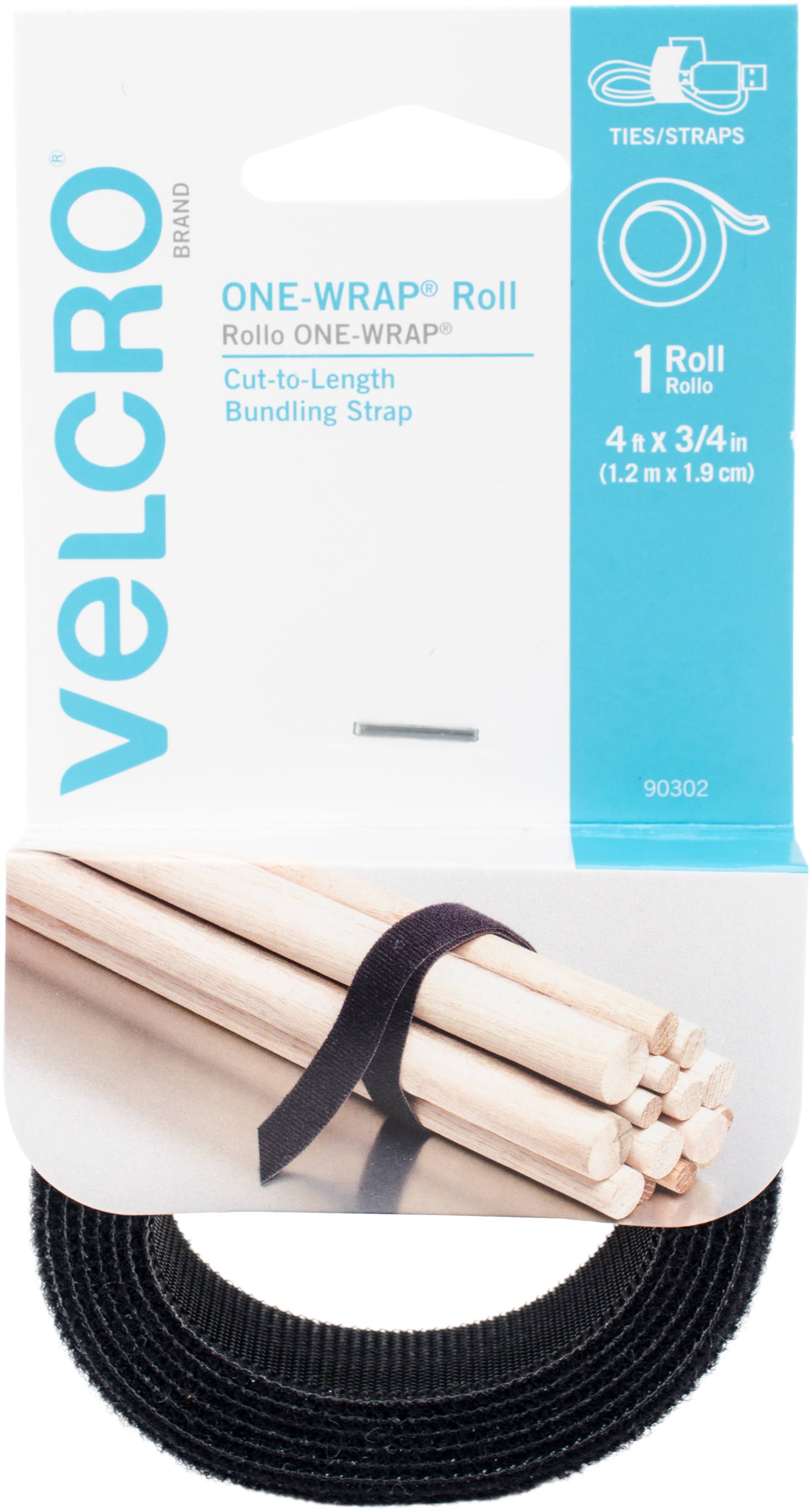 Velcro One Wrap Rolls - Black, 0.75"x4'