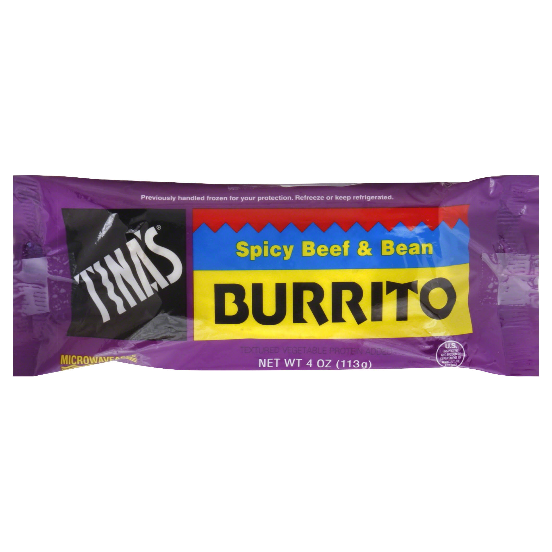 Tinas Burrito, Spicy Beef & Bean - 4 oz