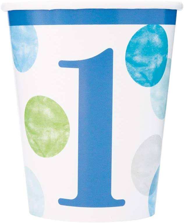 Unique Party 73306 9oz Blue Dots 1st Birthday Paper Cups, Pack of 8