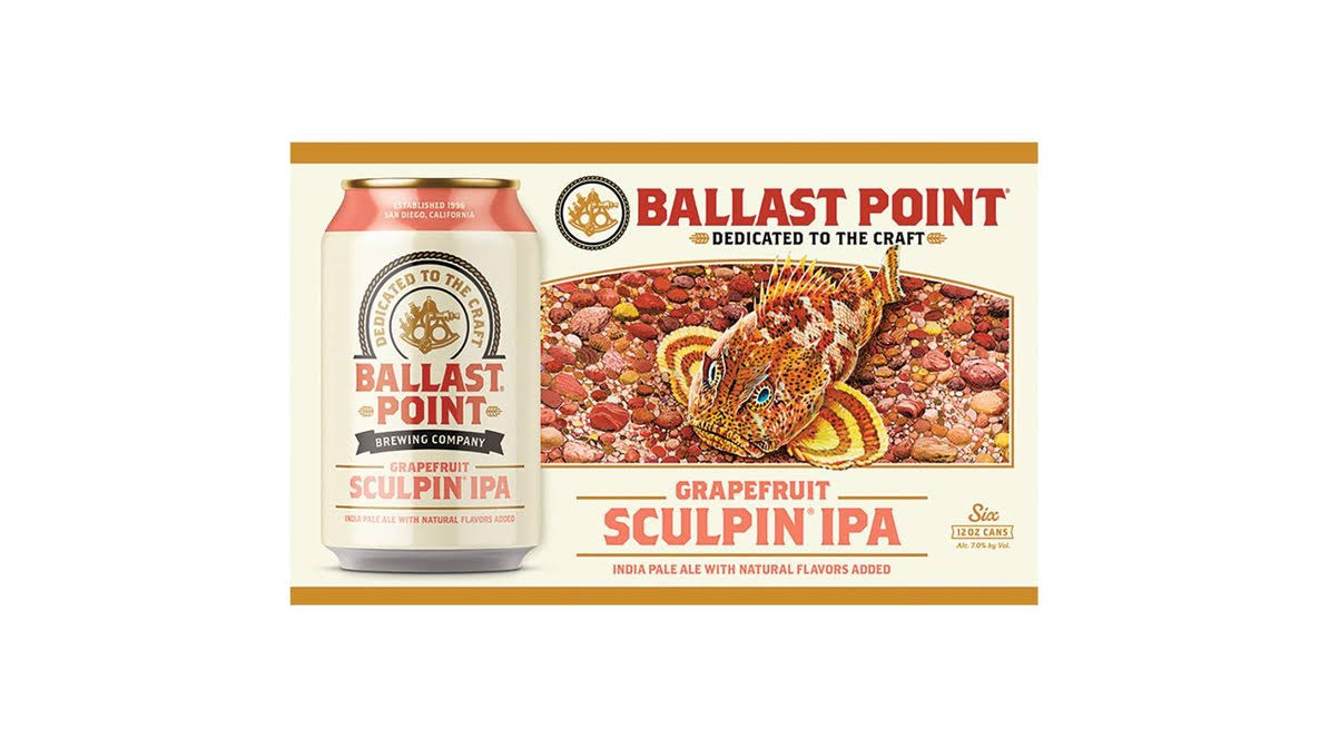 Ballast Point Sculpin Beer, India Pale Ale, Grapefruit - six - 12 oz cans