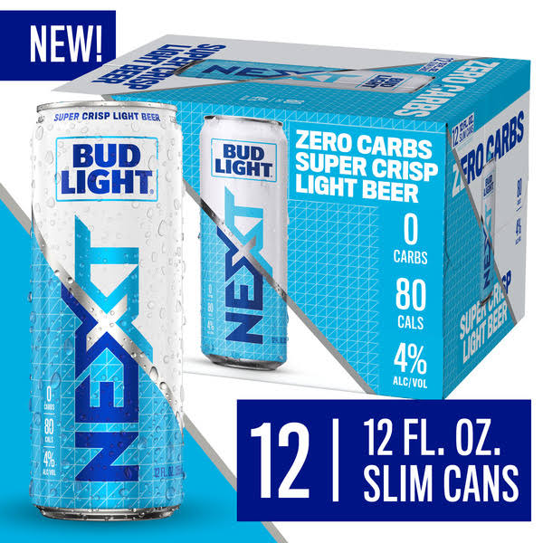 Bud Light Next Beer, Light, Zero Carbs, Super Crisp - 12 pack, 12 fl oz slim cans