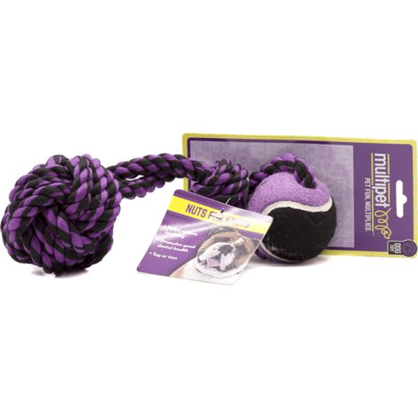 Multipet 10" Nuts for Knots Rope-Ball with Knot & Tennis Ball Tug Toy - 1 ct