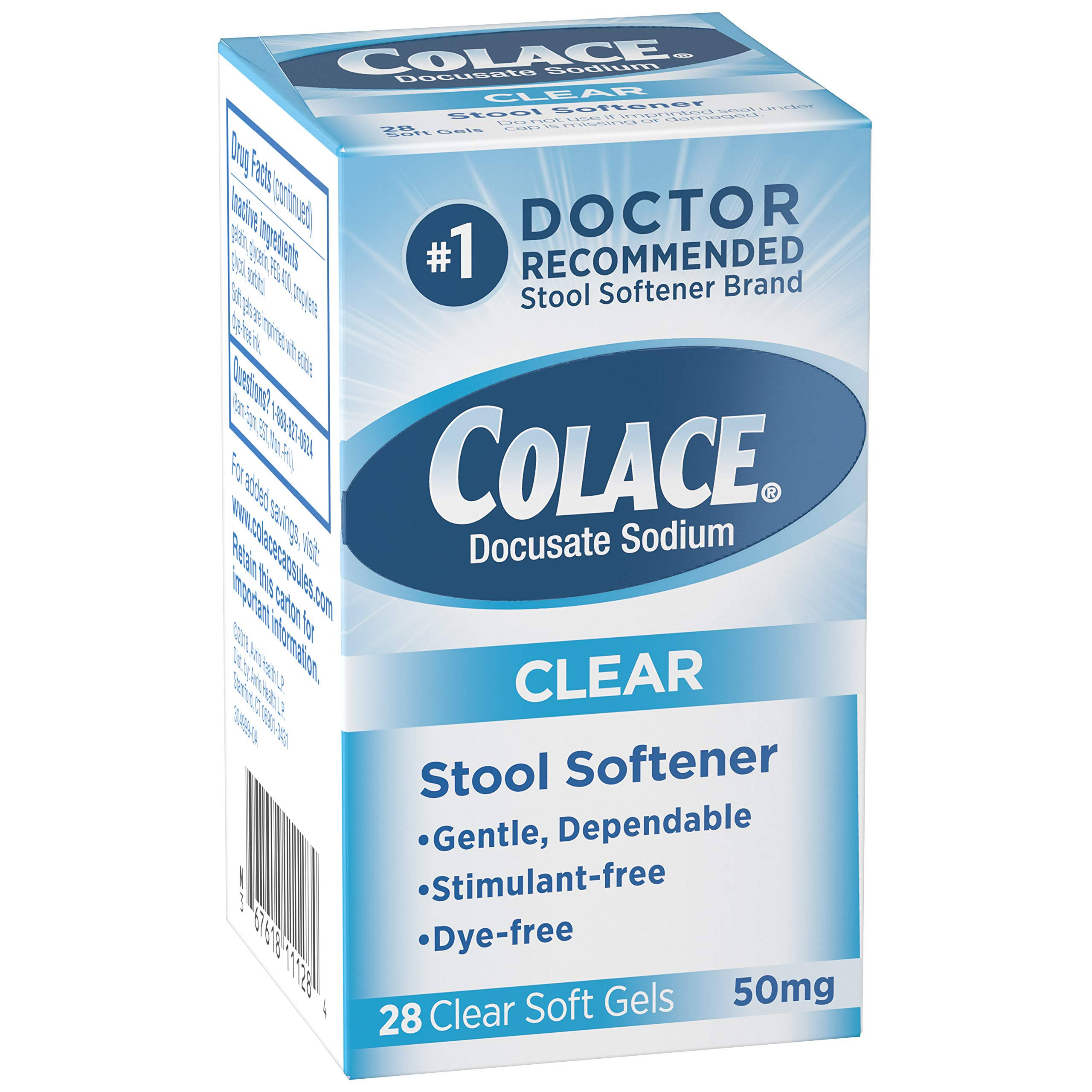 Colace Clear Docusate Sodium Stool Softener 50mg, 28 Count Per Box (2 Pack)