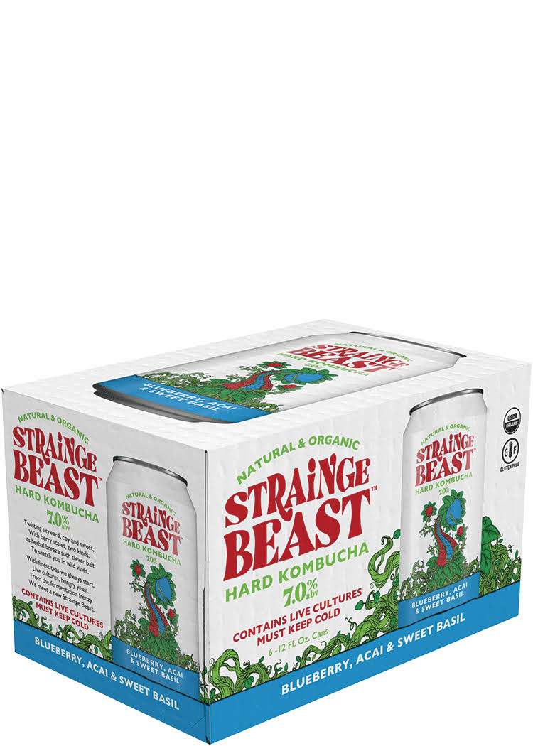 Strainge Beast Hard Kombucha, Blueberry, Acai & Sweet Basil - 6 pack, 12 fl oz cans