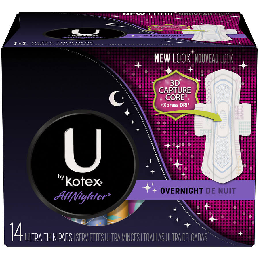 U by Kotex AllNighter Ultra Thin Overnight Pads with Wings - 14 Pack