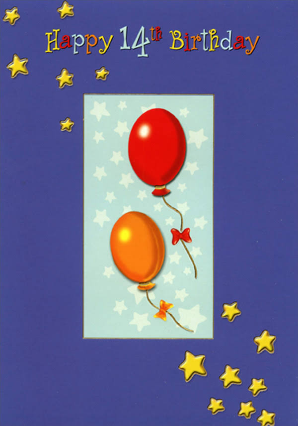 Designer Greetings Red and Orange Balloons on White Stars Age 14 / 14th Birthday Card