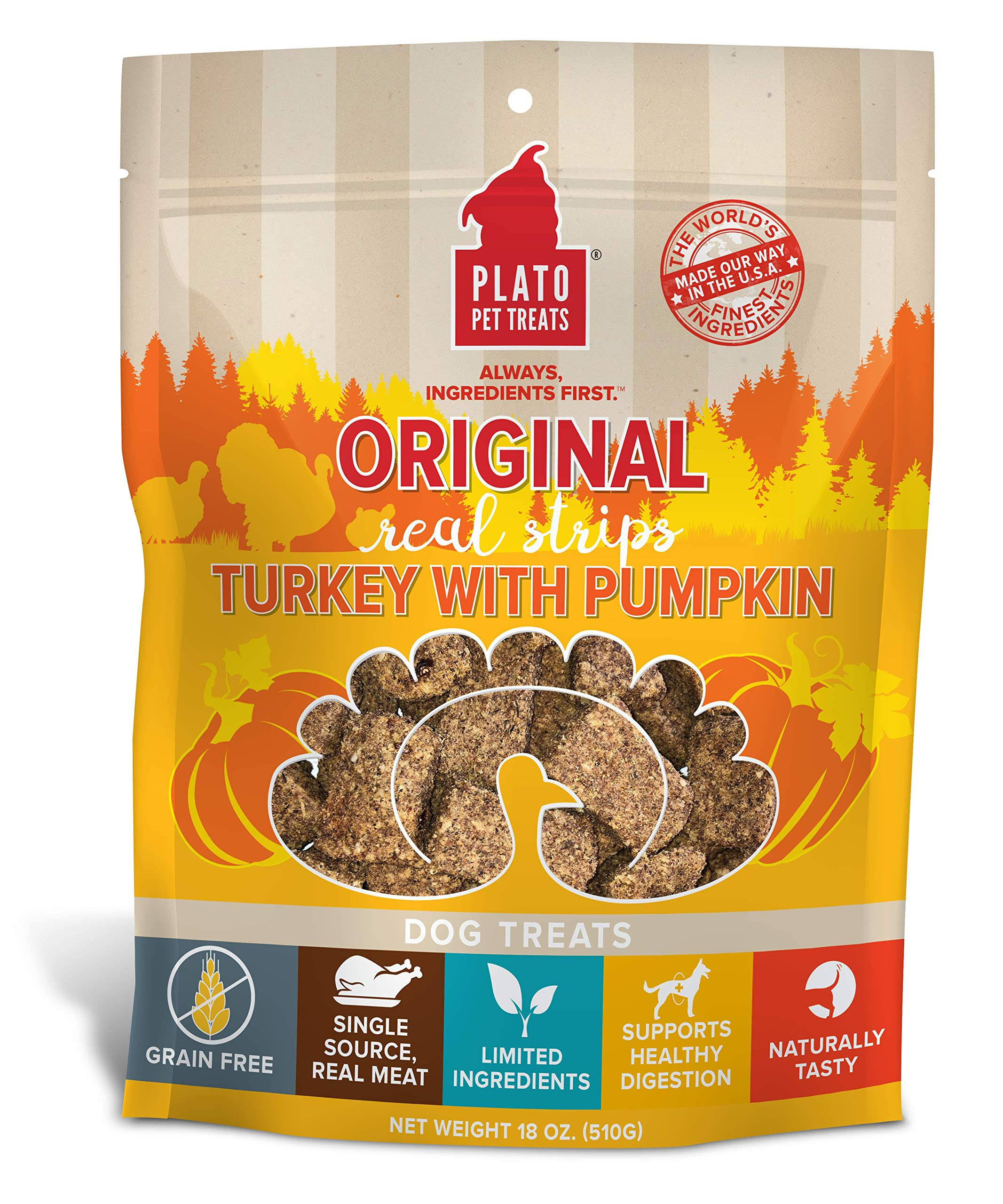Plato Grain Free Real Strips Turkey with Pumpkin Dog Treats - 18-oz
