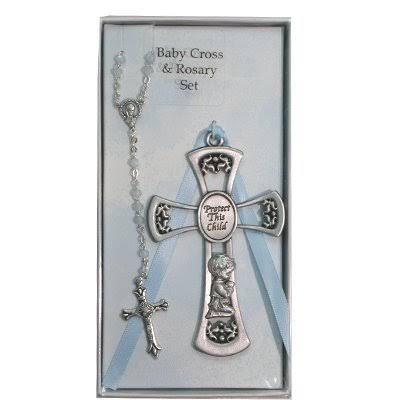Pewter Baby Boy Cross Crib Medal & Rosary Set, Childrens Ros