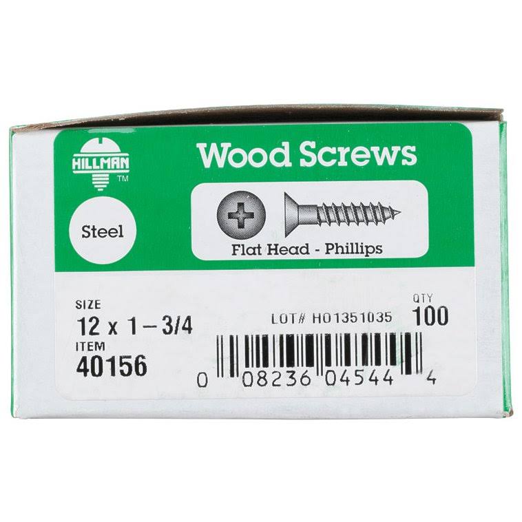 Hillman Flat Wood Screw - Zinc Steel, No. 12 x 1-3/4" Length, x100