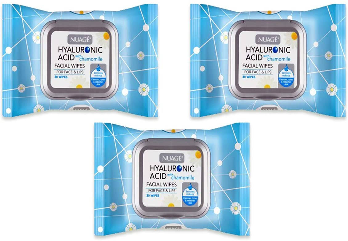 Hyaluronic Acid Skin Renewing Facial Wipes with Chamomile for Cleansing and Moisturising Sensitive and All Skin Types 30 Wipes (3 Pack - Total 90 WIP