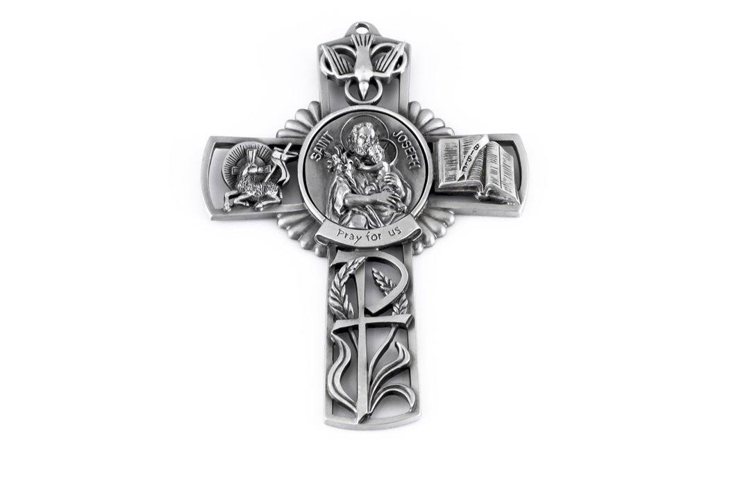 Pewter Catholic Saint St Joseph and Child Pray for US Wall Cross, 13cm | Decor | Delivery Guaranteed | Free Shipping on All Orders