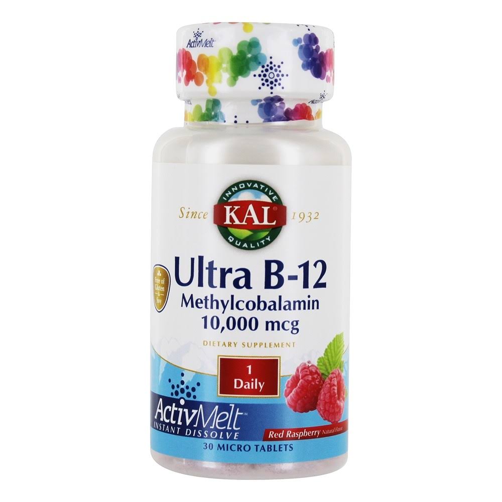 Kal 10000 Mcg Ultra B-12 Methylcobalamin Tablets, Raspberry, 30 Count