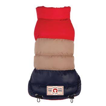 fabdog Colorblock Puffer Dog Coat - Red, Tan, and Navy - Size 20