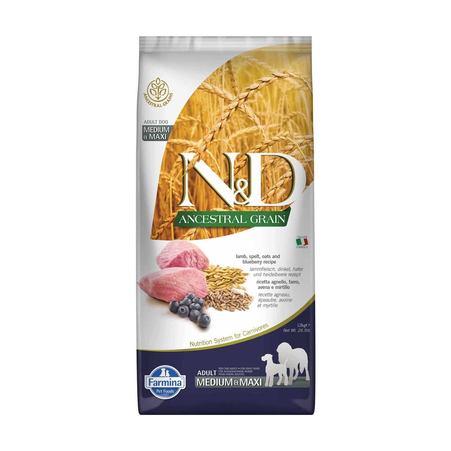 NandD Ancestral Grain Lamb and Blueberry Medium and Maxi Adult Dog Food - 2.5kg - Farmina