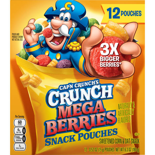 Cap'n Crunch's Crunch Mega Berries Corn & Oat Snack, Sweetened - 12 pack, 0.52 oz pouches