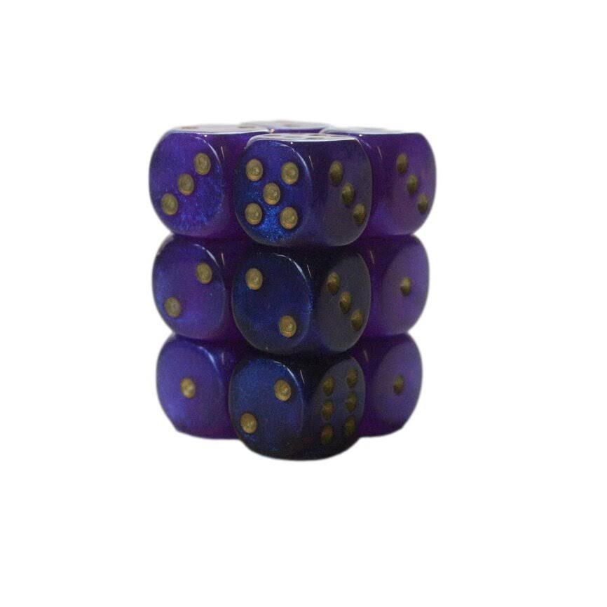 Chessex - Borealis - 16mm - D6 - Royal Purple/Gold Luminary Dice Block (12 Dice)