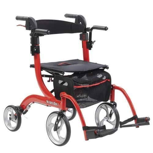 Drive Medical Nitro Duet Dual Function Transport Wheelchair and Rollator Rolling Walker - Red