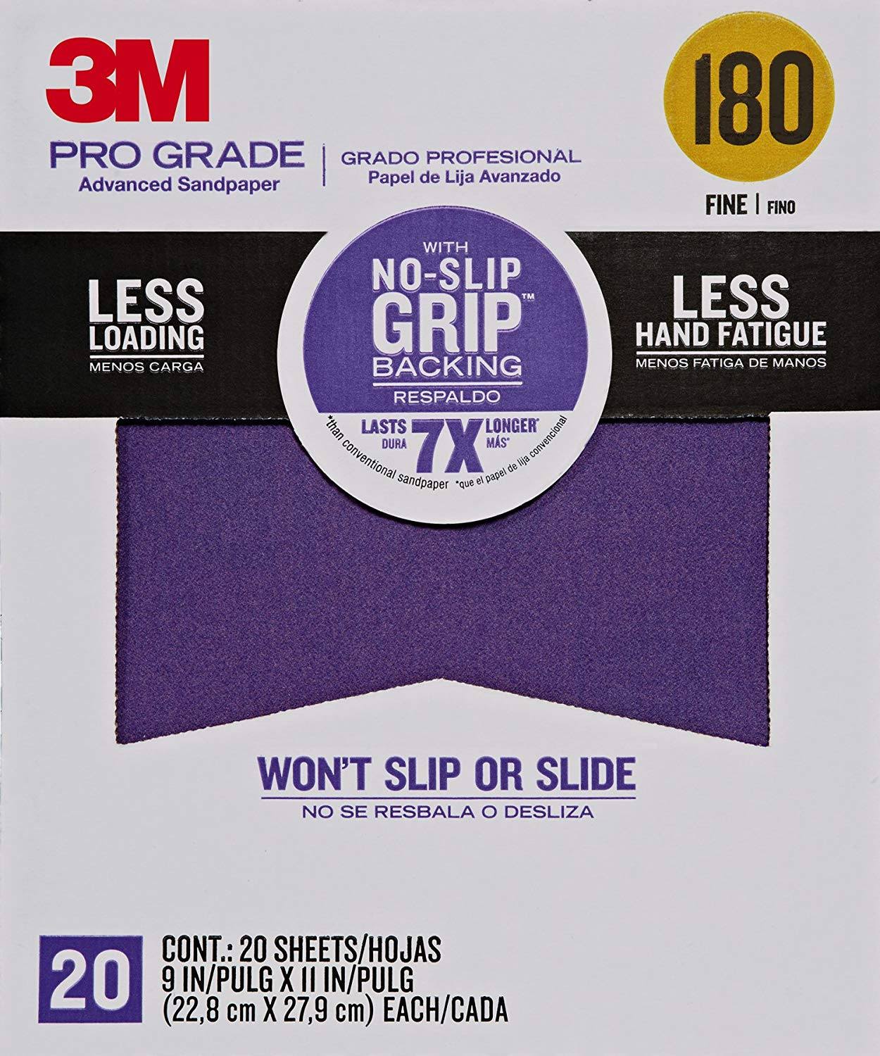3M Pro Grade No Slip Grip Advanced Sandpaper - 180 Grit, 9" x 11", 20 Sheets