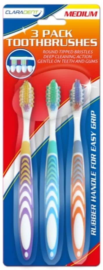 Claradent Bristle Manual Dental Care Soft Grip Tooth Brush - 3pk