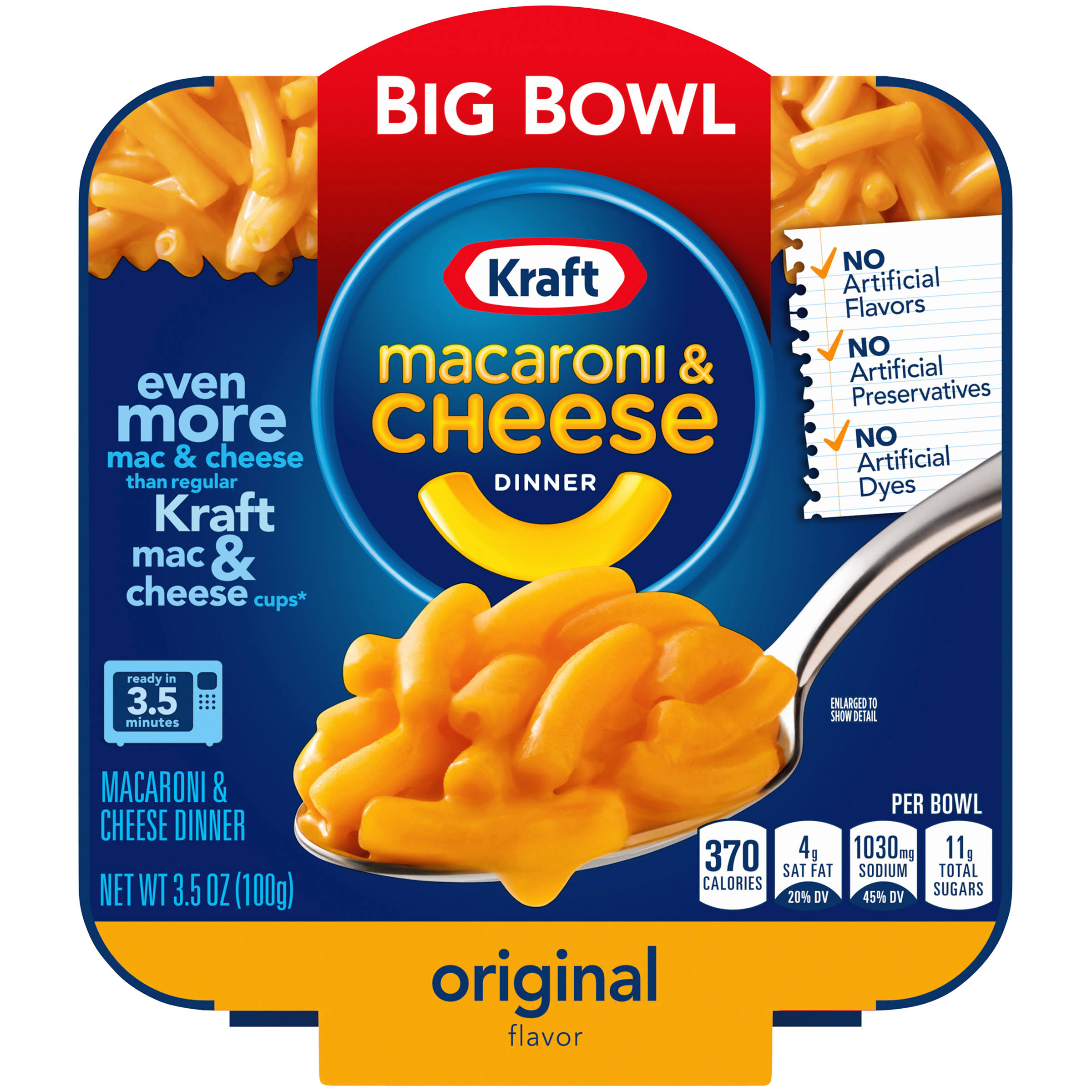 Kraft Macaroni & Cheese Dinner, Original Flavor, Big Bowl - 3.5 oz