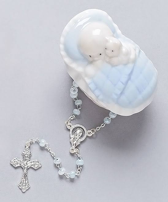 Roman, Inc. Rosary in Blue Porcelain Keepsake Box for Baby Boy